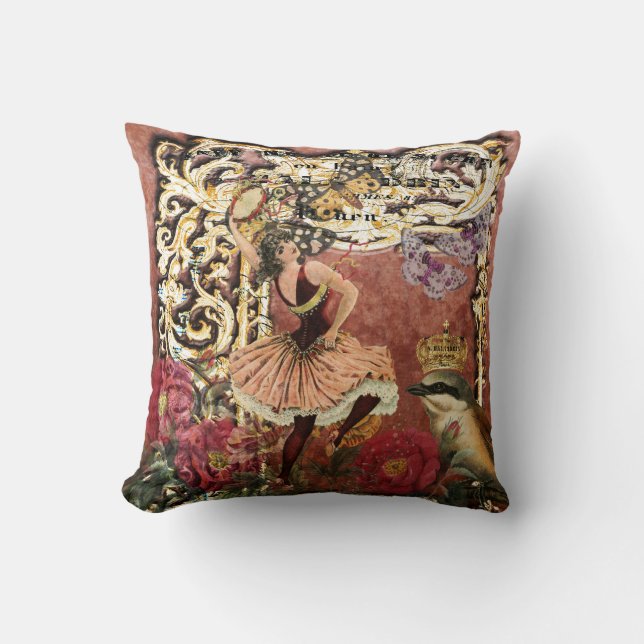 Vintage Rose Gypsy Dancer French Collage Throw Pillow (Front)