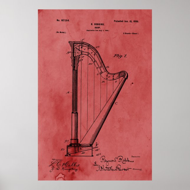Vintage Rose Harp Patent Poster (Front)