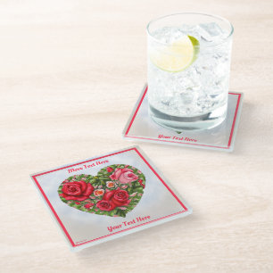 Vintage Rose Heart  Glass Coaster