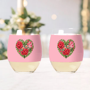 Vintage Rose Heart Stemless Wine Glass