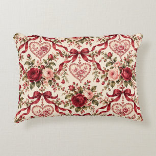 Vintage Rose Hearts & Bows Accent Pillow