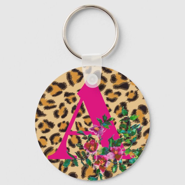 Vintage Rose  -leopard print -monogrammed Keychain (Front)