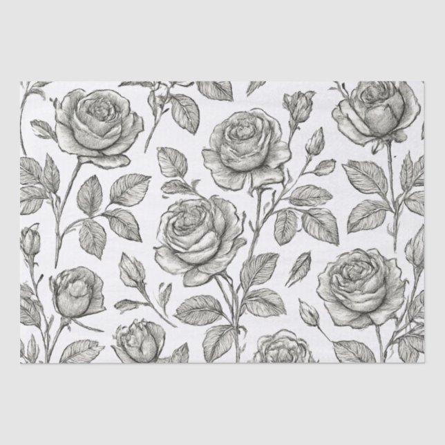 Vintage Rose Line Art Botanical Pattern Tissue Paper (Front)