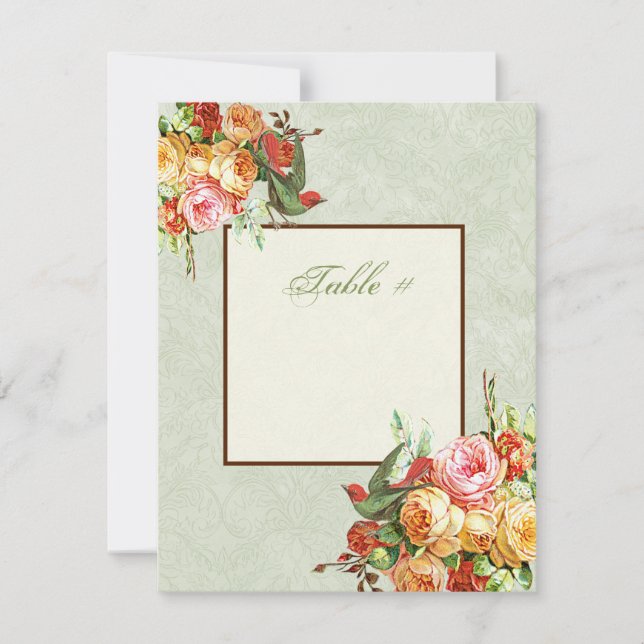 Vintage Rose n birds Table Number Card (Front)