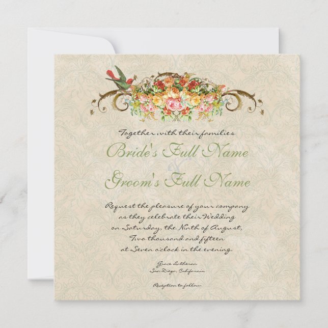 Vintage Rose n birds,  Wedding Invitation (Front)