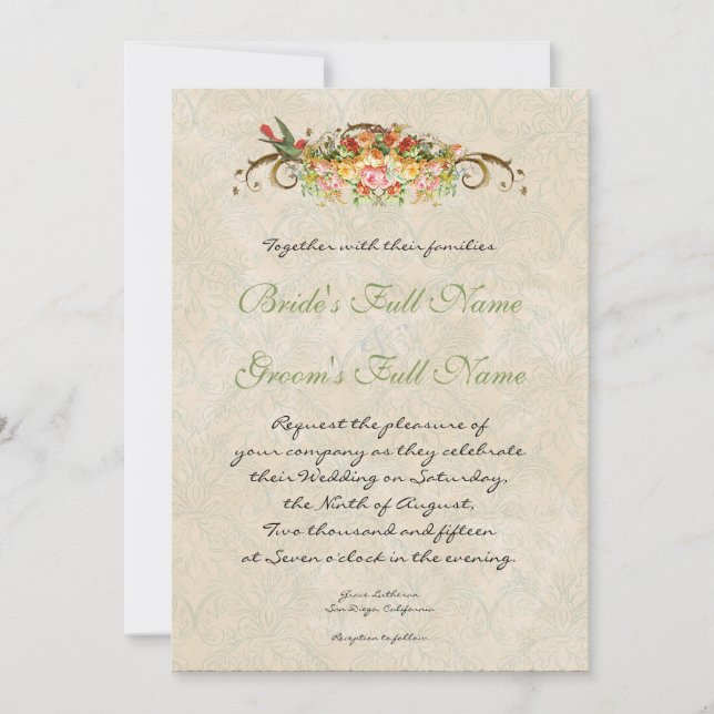 Vintage Rose n birds,  Wedding Invitation (Front)