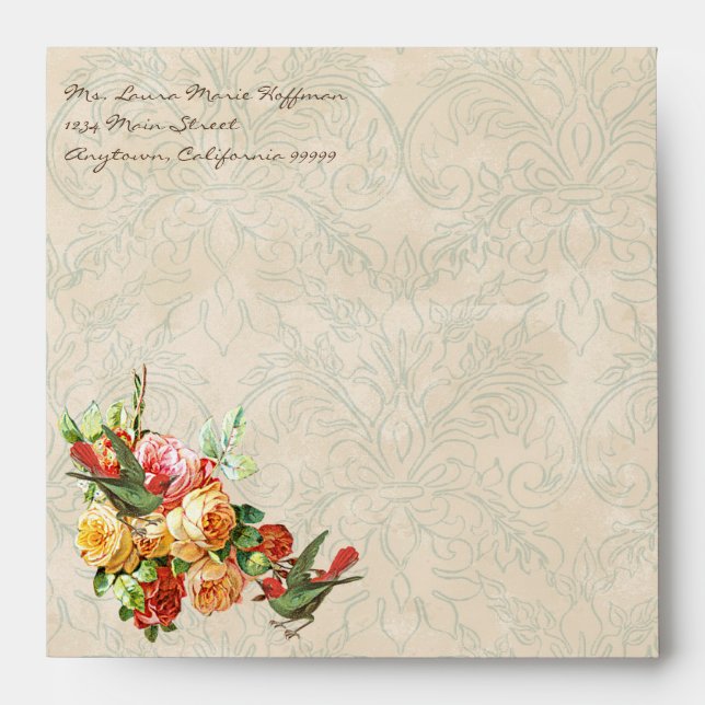 Vintage Rose n birds,  Wedding Invite Envelopes (Front)