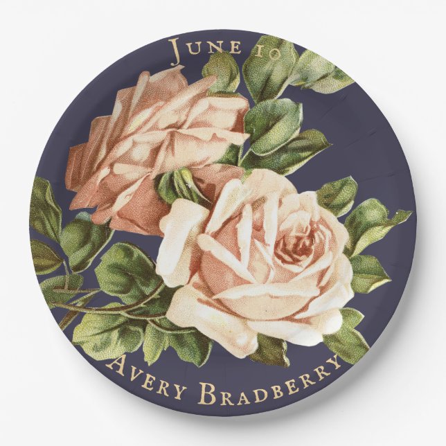 Vintage Rose Navy Blue Bridal Tea Paper Plate (Front)