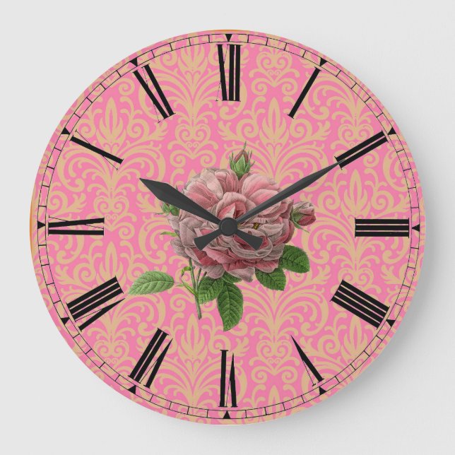 Vintage Rose on Pink Gold Damask Large Clock (Front)
