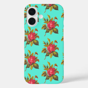 Vintage Rose Pattern and Aqua Blue iPhone 16 Case