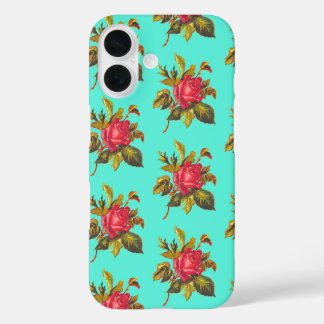 Vintage Rose Pattern and Aqua Blue iPhone 16 Case