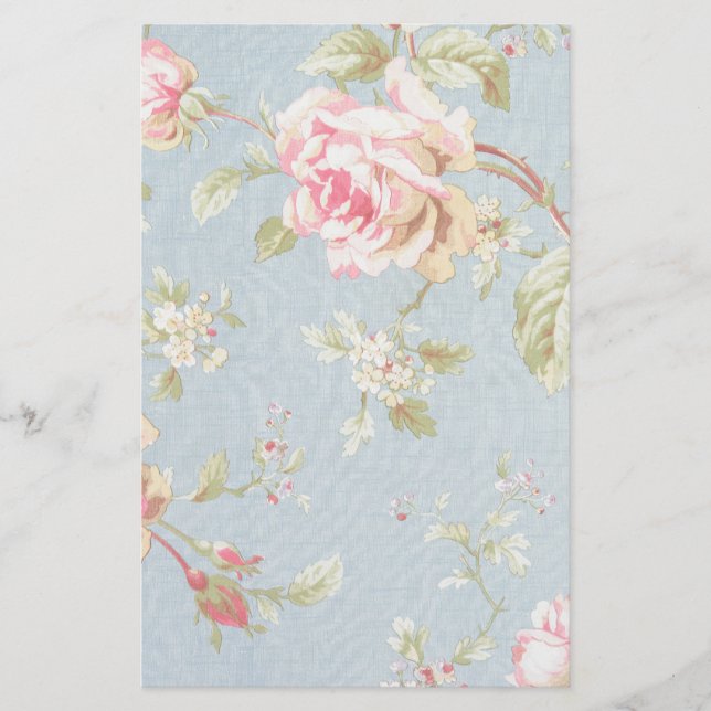 vintage rose pattern shabby chic style blue stationery (Front)