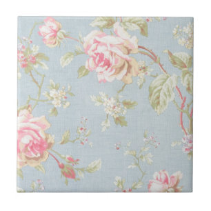 vintage rose pattern shabby chic style blue tile