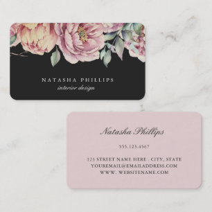 Vintage Rose Peach Watercolor Peonies Floral Dark Business Card