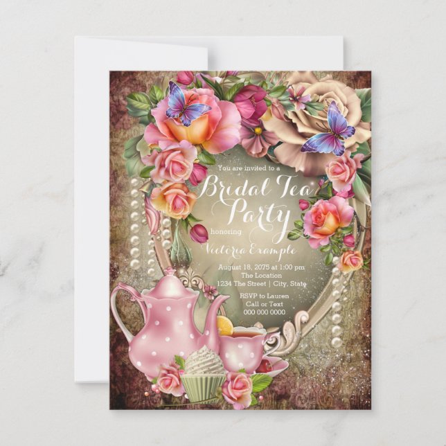 Vintage Rose Pearl Bridal Tea Party Invitation (Front)