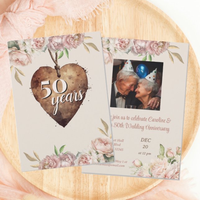 Vintage Rose Peony 50th Wedding Anniversary Party Invitation (Creator Uploaded)