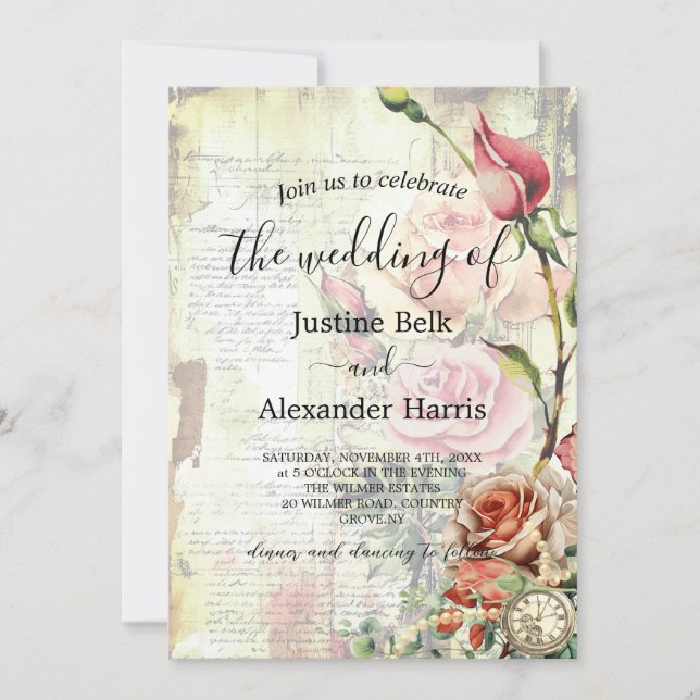 Vintage Rose Photo QR Code Wedding Invitation (Front)