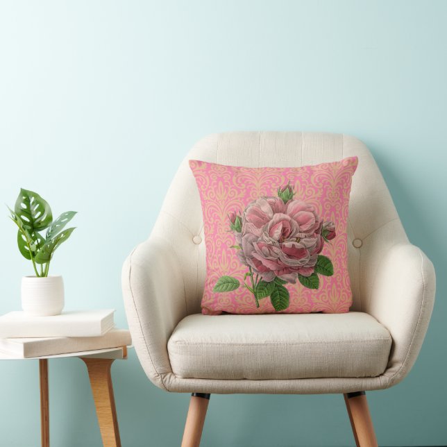 Vintage Rose Pink Gold Damask Throw Pillow (Chair)