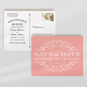 Vintage Rose Pink Scrollwork Save the Date Announcement Postcard