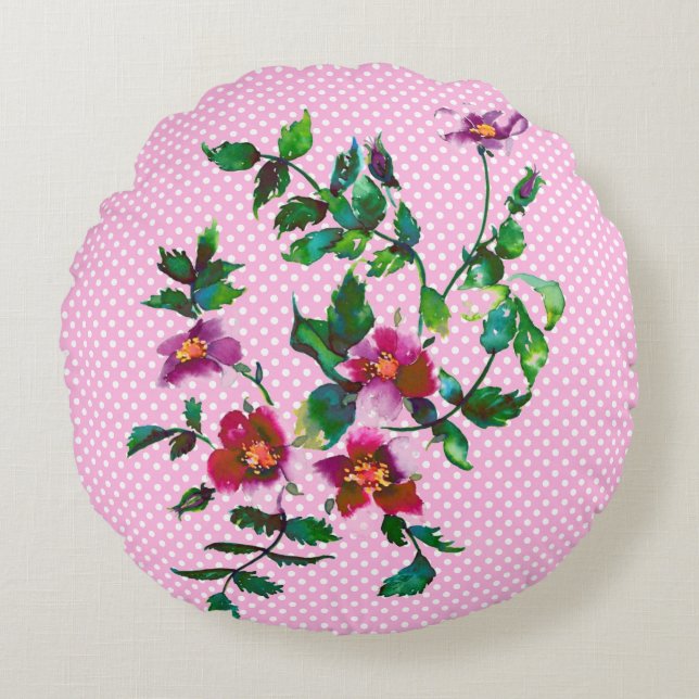 Vintage  Rose pink/white polka-dots Round Pillow (Front)