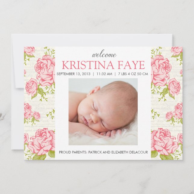 Vintage rose Roses Floral Photo Faire-part de nais (Devant)