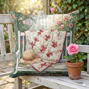 Vintage Rose Swing with Quilt Charm Throw Pillow