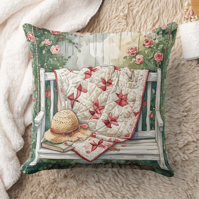 Vintage Rose Swing with Quilt Charm Throw Pillow (Blanket)