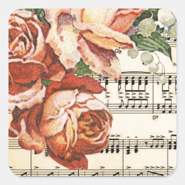 Vintage Rose Trio & Music Square Sticker (Front)