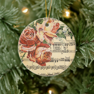 Vintage Rose Trio on Music Ceramic Ornament