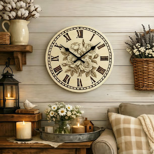 Vintage Rose Wall Clock – Wood Burned Floral Decor
