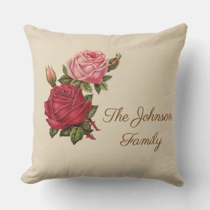 Vintage Rose with Family Name Throw Pillow