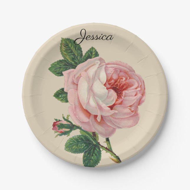 Vintage Rose with Your Name Paper Plate (Front)