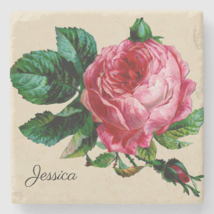 Vintage Rose with Your Name Stone Coaster
