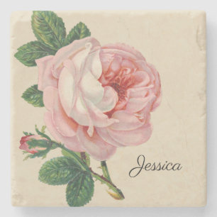 Vintage Rose with Your Name Stone Coaster