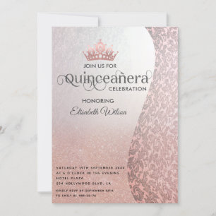 Vintage rosegold luxury damask tiara Quinceañera Invitation