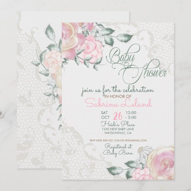 Vintage Roses and Antique Lace Baby Shower Invitation (Front/Back)
