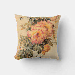 Vintage ‘Roses and Bumblebees’ Throw Pillow