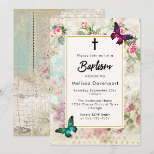 Vintage roses and Butterflies Baptism Invite