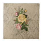 Vintage Roses and Damask Tile<br><div class="desc">Richly-textured design featuring a spray of vintage roses in yellow and pink with delicate engraved floral ornament on a distressed vintage linen toned damask background.</div>