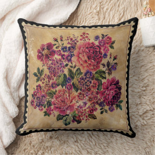 Vintage Roses and Mixed  Flowers Throw Pillow