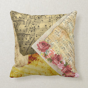 Vintage Roses and Musical Notes Sheet Music Pillow