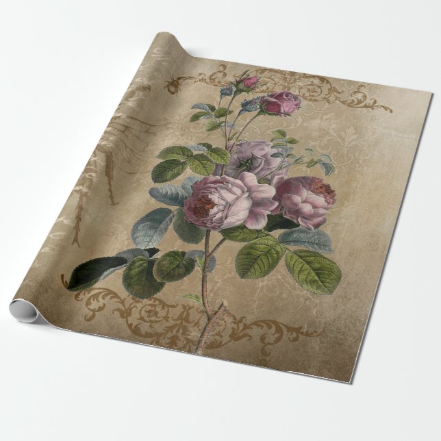 Vintage. Roses and Script. Wrapping Paper (Unrolled)