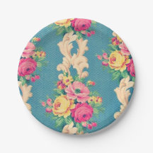 Vintage roses and scrolls fabric paper plates