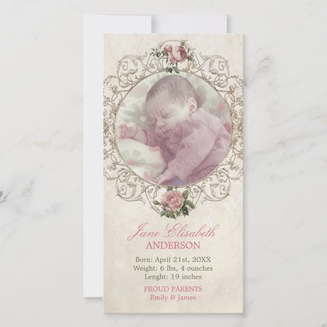 Vintage Roses Baby Girl Announcement (Front)