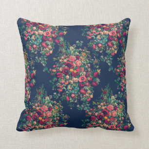 Vintage Roses Classic Blue Colour Rich Damask Throw Pillow