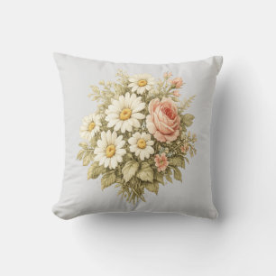 Vintage Roses & Daisies Floral Bouquet Throw Pillow