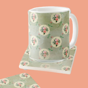 Vintage Roses Doilies Faded Smoky Green Damask Coffee Mug