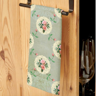 Vintage Roses Doilies Faded Smoky Green Damask Kitchen Towel
