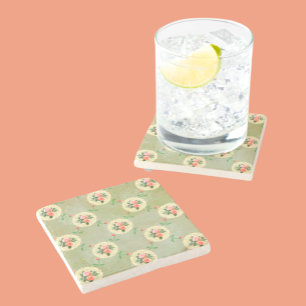 Vintage Roses Doilies Faded Smoky Green Damask Stone Coaster