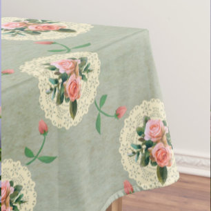 Vintage Roses Doilies Faded Smoky Green Damask Tablecloth